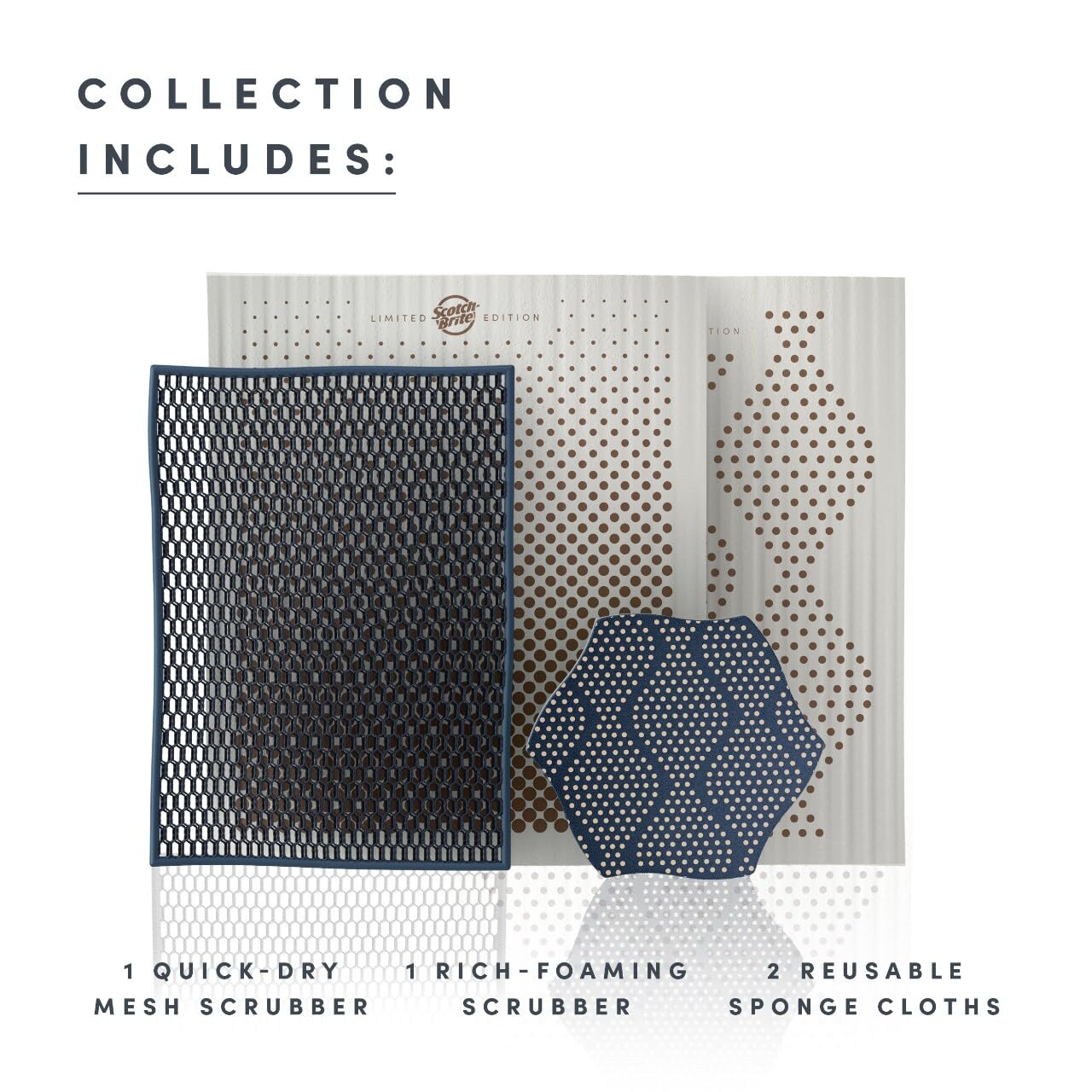 Brite by Scotch-Brite Limited Edition 4-Piece Scrub and Wipe Collection with 1 Rich-Foaming Dish Scrubber, 1 Quick-Dry Mesh Scrubber, and 2 Reusable Sponge Cloths