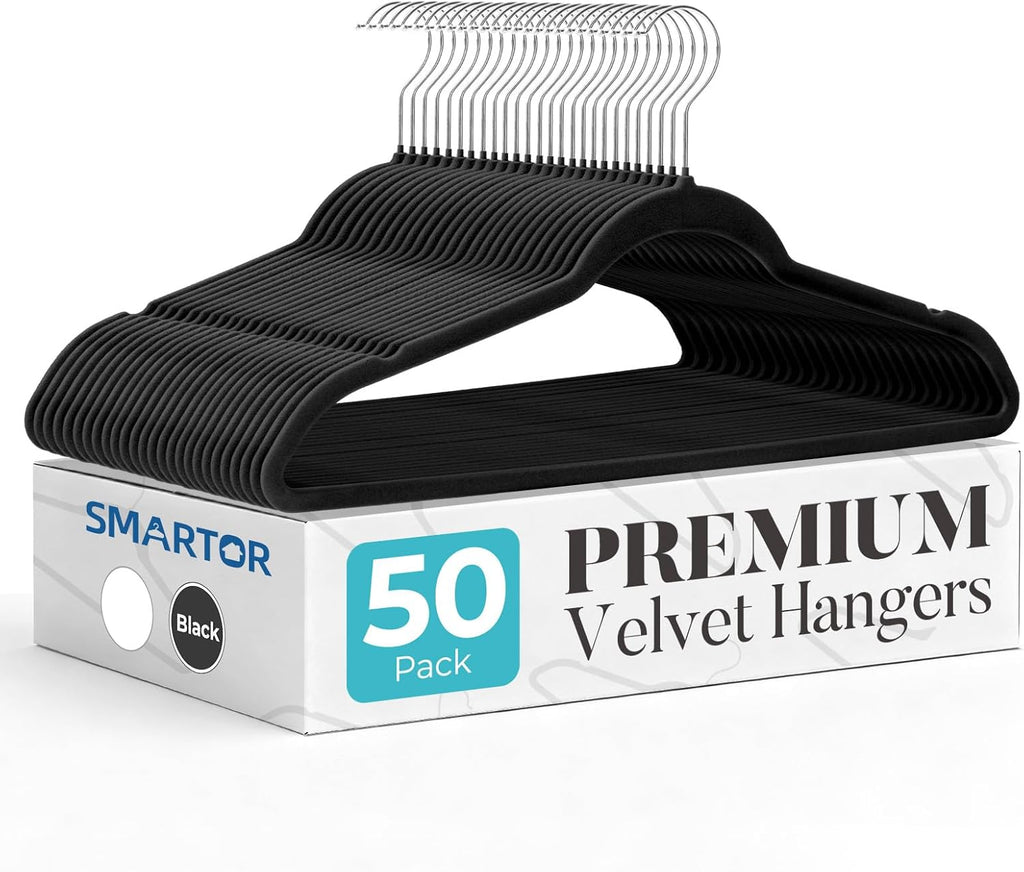 Smartor Black Velvet Hangers - 50 Pack Non-Slip Clothes Hangers with Shoulder Notches | Premium Slim Space-Saving Design