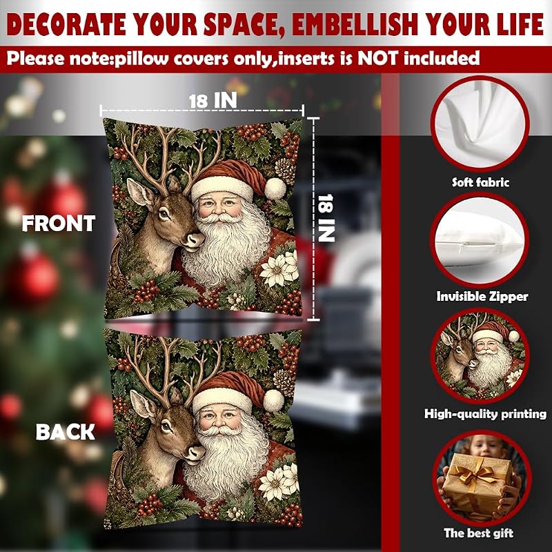 Christmas Santa Reindeer Floral Pillow Covers 18x18 Set of 4 - Multicolor