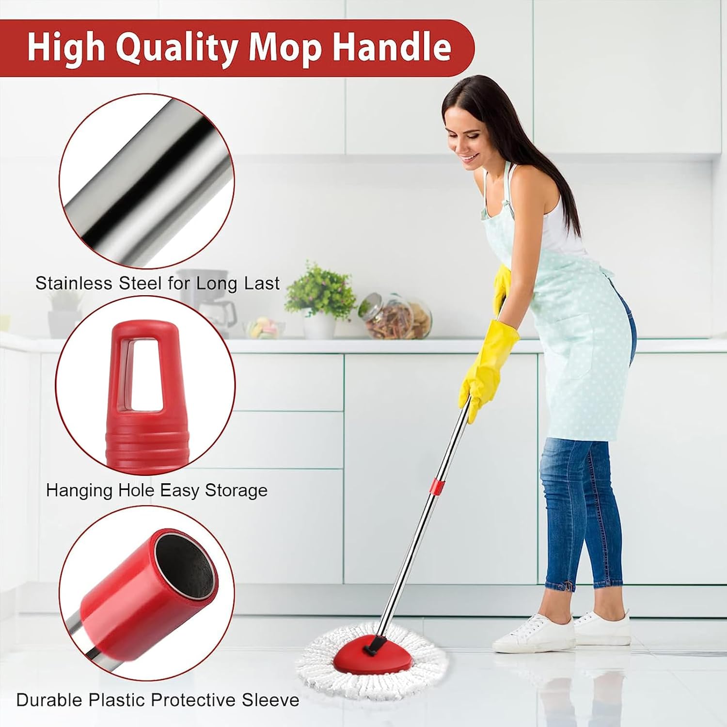 OCedar Spin Mop Replacement Set - 2 Mop Heads, 1 Base & 1 Adjustable Handle (30-58in) - White Microfiber