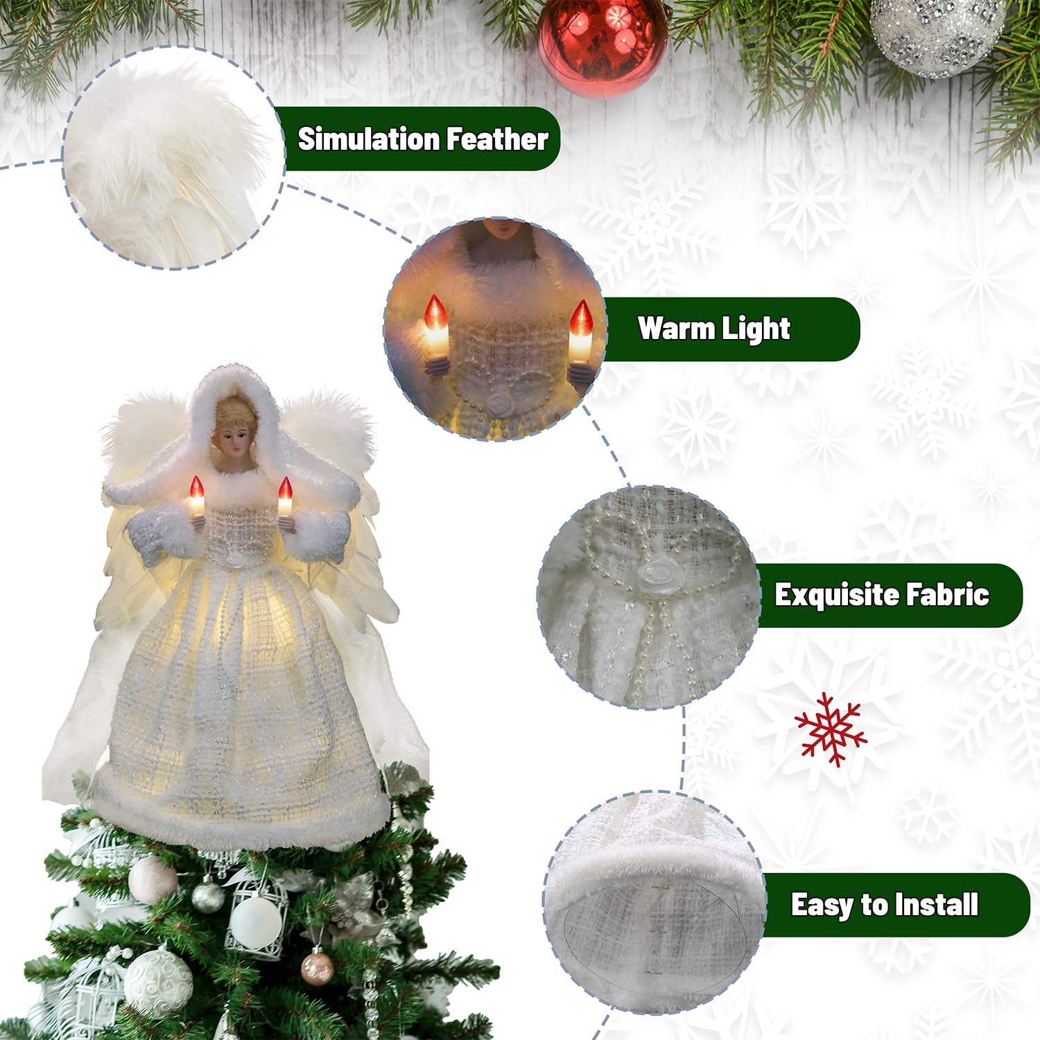 Cyraft Moving Angel Tree Topper with Lights, 12’’ White, Separately Controlled Flapping Wings and Bright LEDs, 6 On / 18 Off Hours Cycle