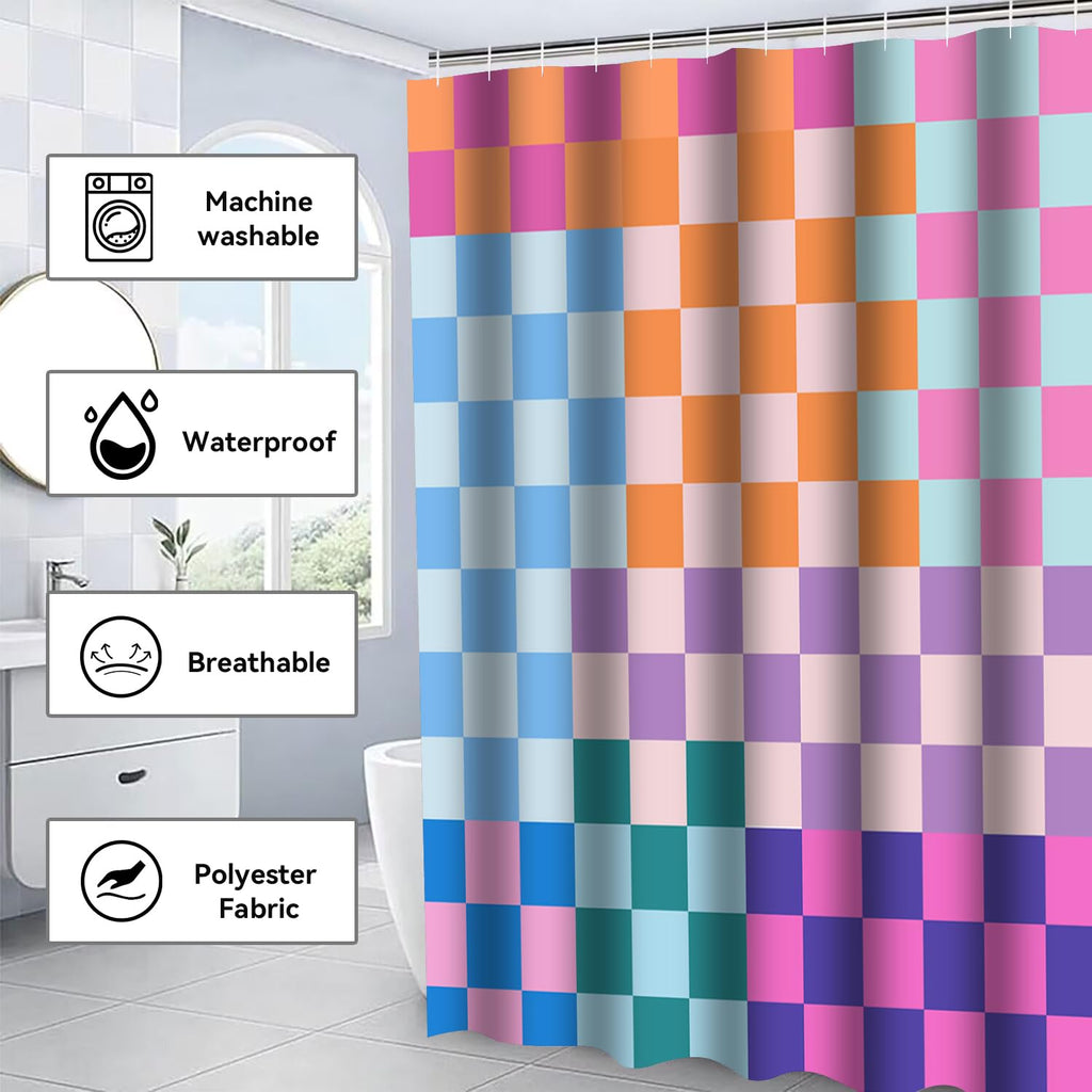 Vostolaiv 4 PCS Checkered Shower Curtain Sets Fun Gingham Bathroom Sets Soft Non Slip Bath Rugs Toilet Cover U-Shaped Mat Retro Bright Waterproof Shower Curtains with 12 Hooks for Tub Toilet, Colorful