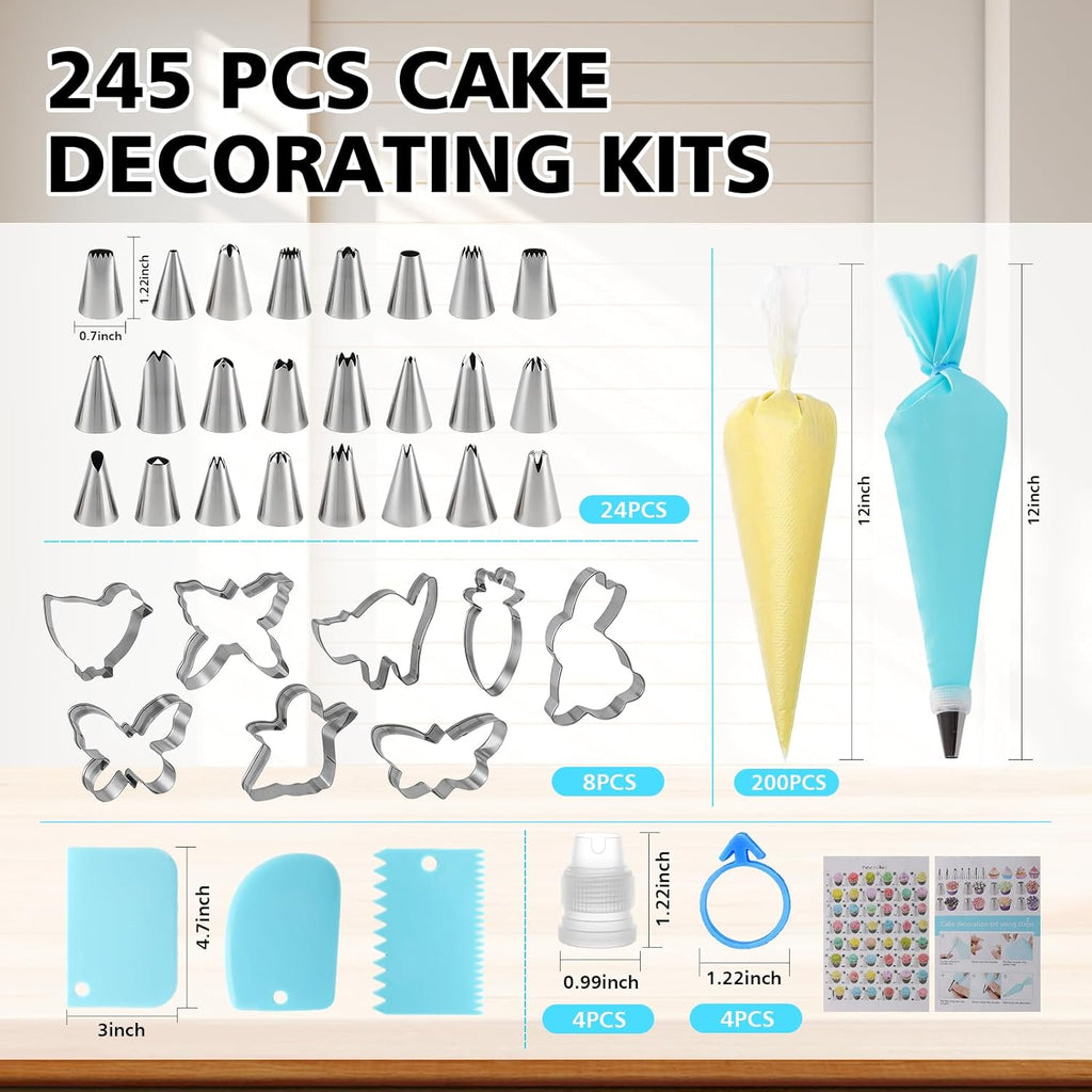 Skiennix Piping Bags and Tips Set - 245-Piece Cake Decorating Kit | 12-Inch Disposable Pastry Bags & Reusable Icing Tools for Cupcakes & Cookies