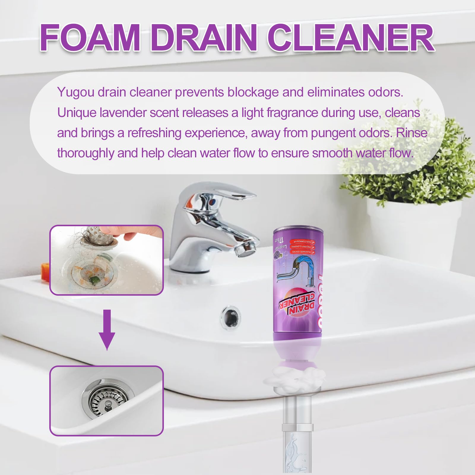 Yugou Foaming Sink Drain Cleaner Deodorizer& Clog Remover (Floral, 2pcs)