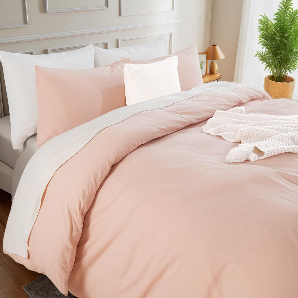 NEXHOME PRO Duvet Cover Set Kids Twin Size Linen Feel Textured Organic Natural 100% Washed Cotton Duvet Cover 2 Pieces Bedding Set with Zipper Closure, Breathable, Dusty Pink(No Comforter)