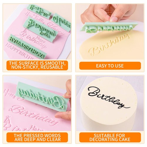 KALAIEN 8Pcs Happy Birthday Fondant Stamp,Custom Cookie Stamp, Happy Birthday Letters Embosser for Cake,DIY Cake Decorating Printing
