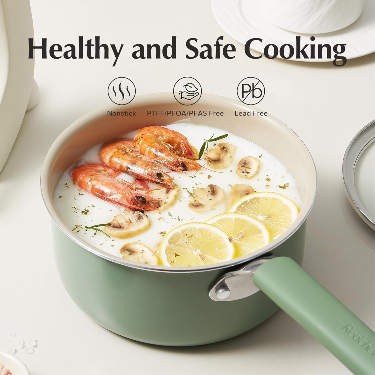 Redchef Ceramic Nonstick Saucepan - 1.5QT Small Cooking Pot with Lid, PFAS-Free, Green Color
