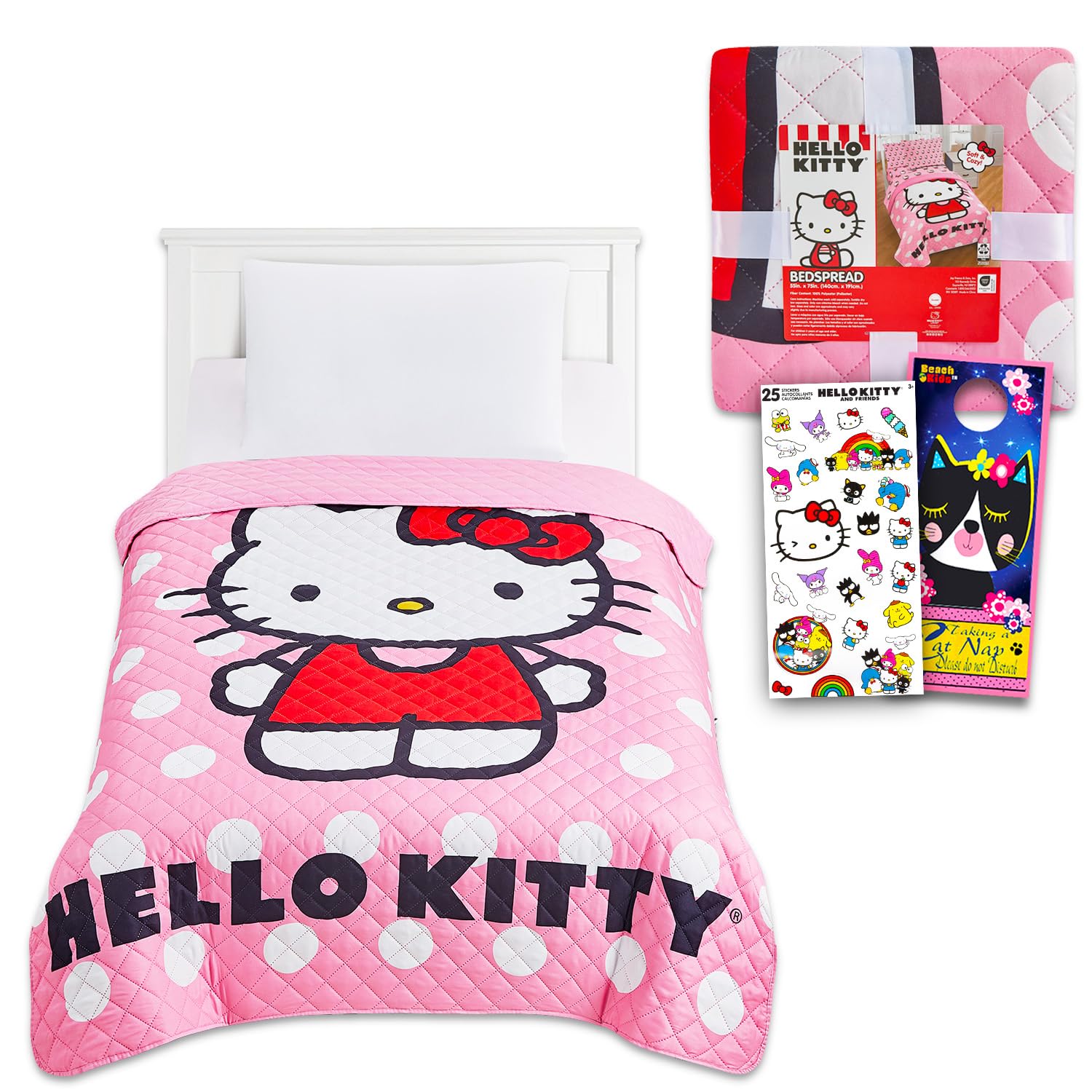Hello Kitty Bedspread Twin Set for Kids - Bundle with a Quilted Bedspread for Twin Bed and More | Hello Kitty Bedding Set for Girls