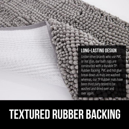 GORILLA GRIP Bath Rug Mat & Mesh Bath Pillow Bundle - Soft Absorbent Chenille, Gray 24x17 & White 16.5x16.1