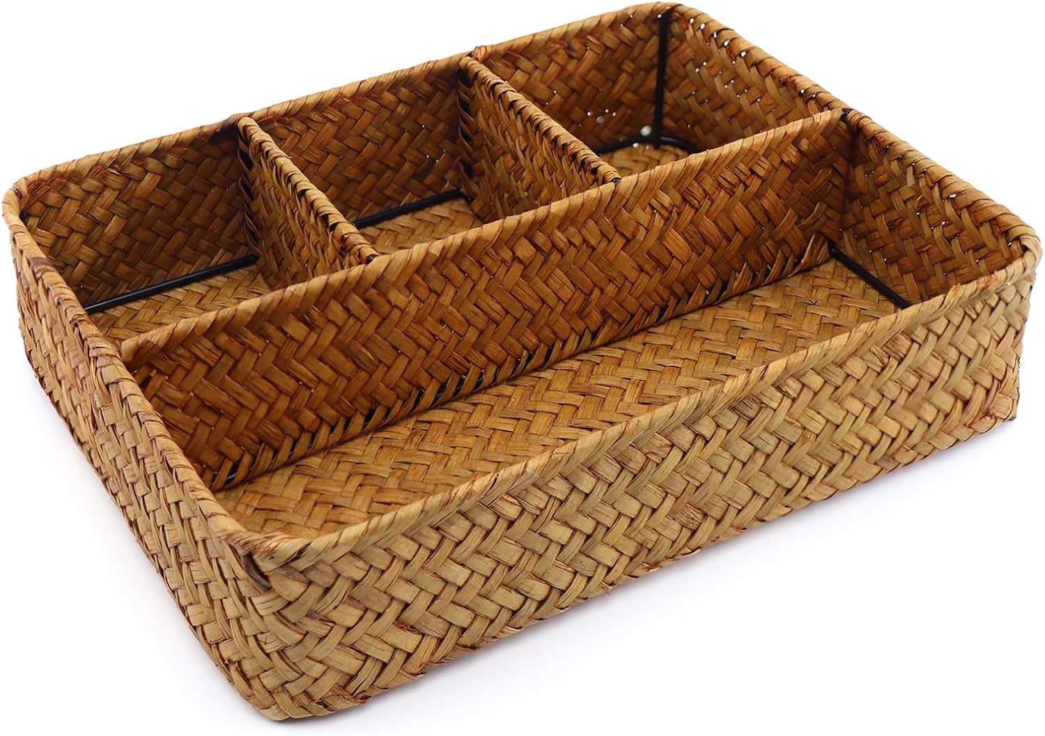 Skiennix Wicker Baskets - 4-Section Tea Bag & Sugar Packet Holder | Seagrass Compartment Organizer