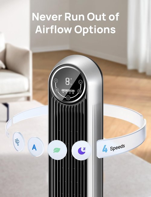 DREO Bladeless Tower Fan - Ultra Quiet with 4 Speeds & 90° Oscillation | 25ft/s, 8H Timer, Silver