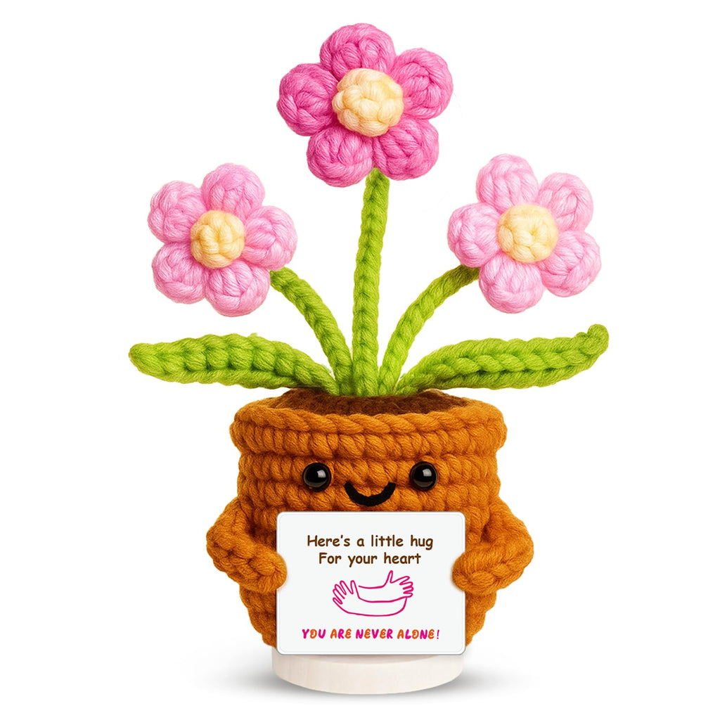 penzoos Emotional Support Plant, Handmade Crochet Potted Flower with Inspirational Message Card, Pink Petal Knitted Daisy, Stress Relief Gift for Christmas, Friends, Family, and Coworkers