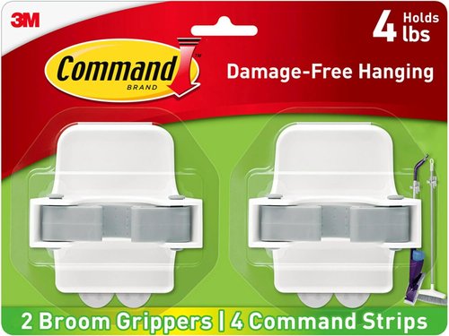 Command Broom Grippers - Damage-Free Wall Mount Mop & Broom Holder | 2 Hangers & 4 Strips, Holds Up to 4 lb