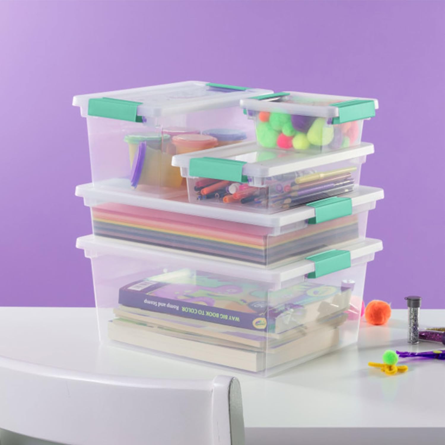Sterilite 6-Pack Clip Box - Stackable Clear Plastic Bins with Latching Lids for Arts & Crafts Storage