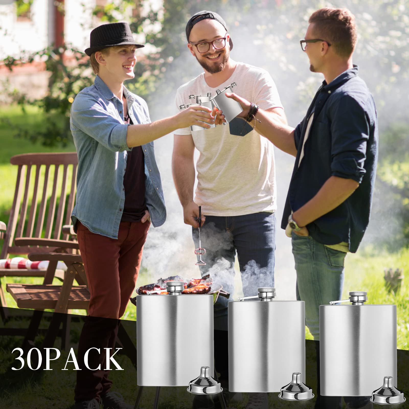 Hoolerry 30 Pack Hip Flasks for Liquor,Stainless Steel Whiskey Flask Set with Funnels Pocket Bulk for Groomsmen Gifts, Bridesmaids, Bachelor Party, Wedding Favor Supplies(6 oz,Silver)