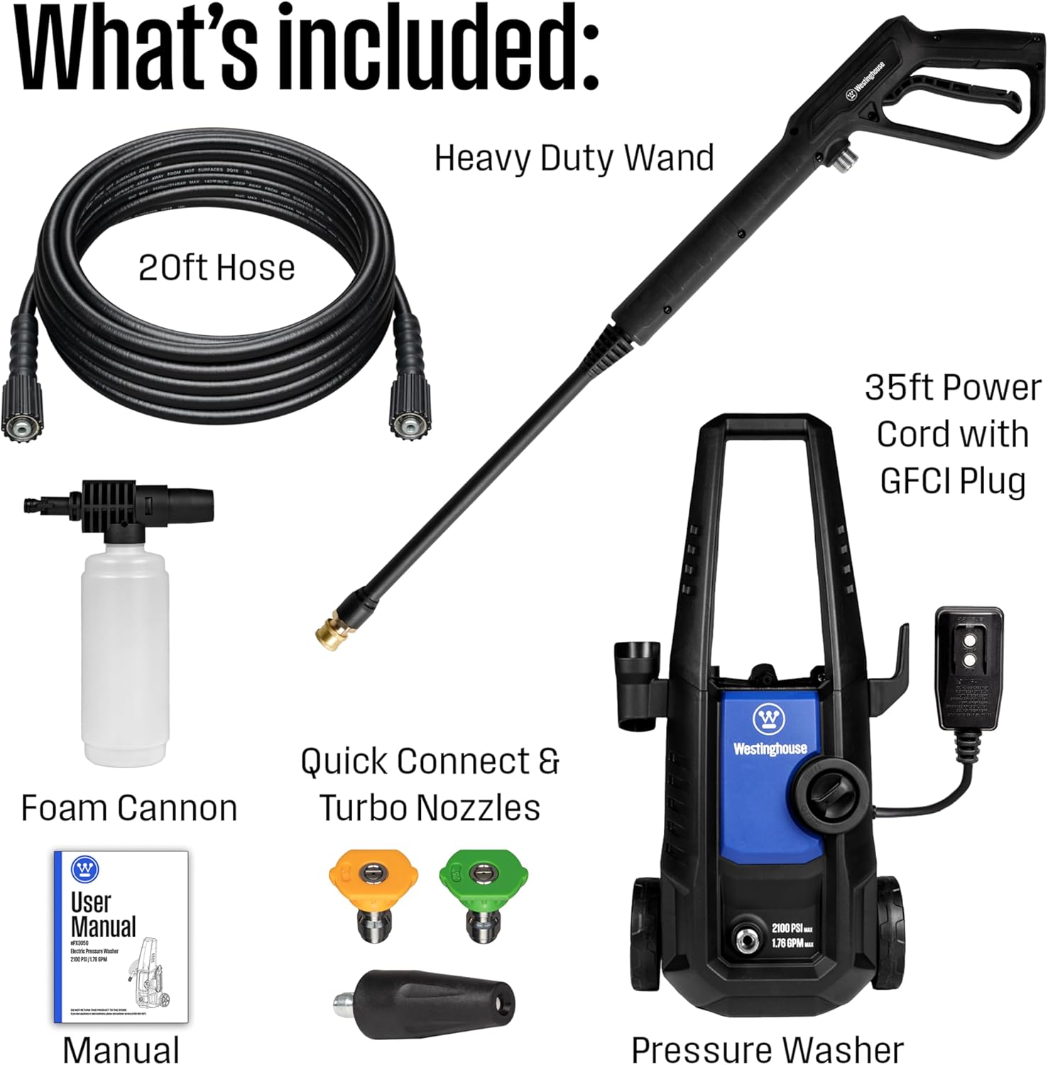 Westinghouse ePX3050 Electric Pressure Washer - 2100 Max PSI, 1.76 GPM, Foam Cannon & Turbo Nozzle for Cars, Patios & More