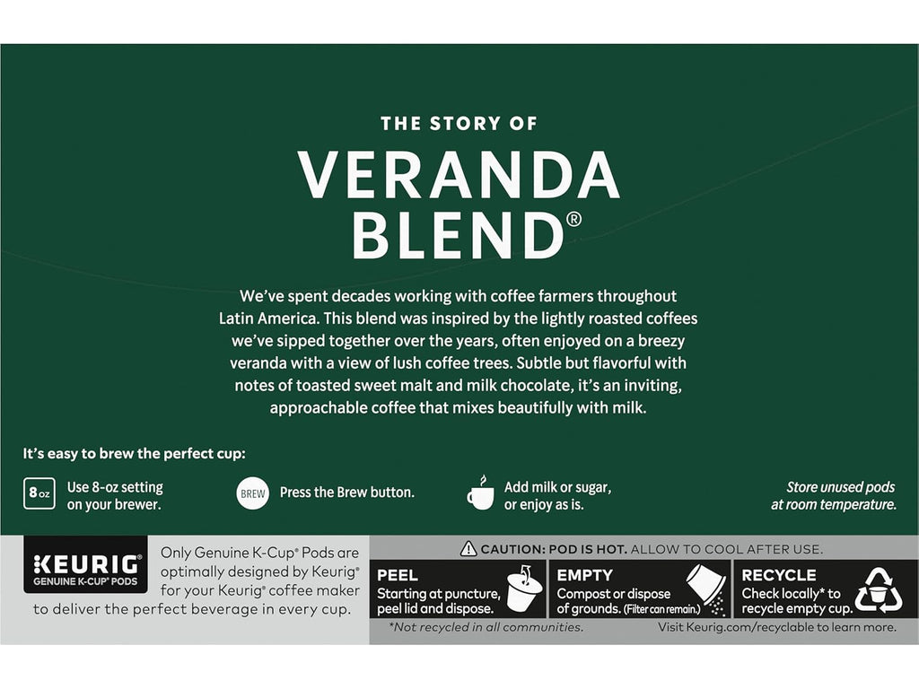 Starbucks K-Cup Pods - Veranda Blend Blonde Roast 100% Arabica Coffee - 10 Pods Per Box (Pack of 6)