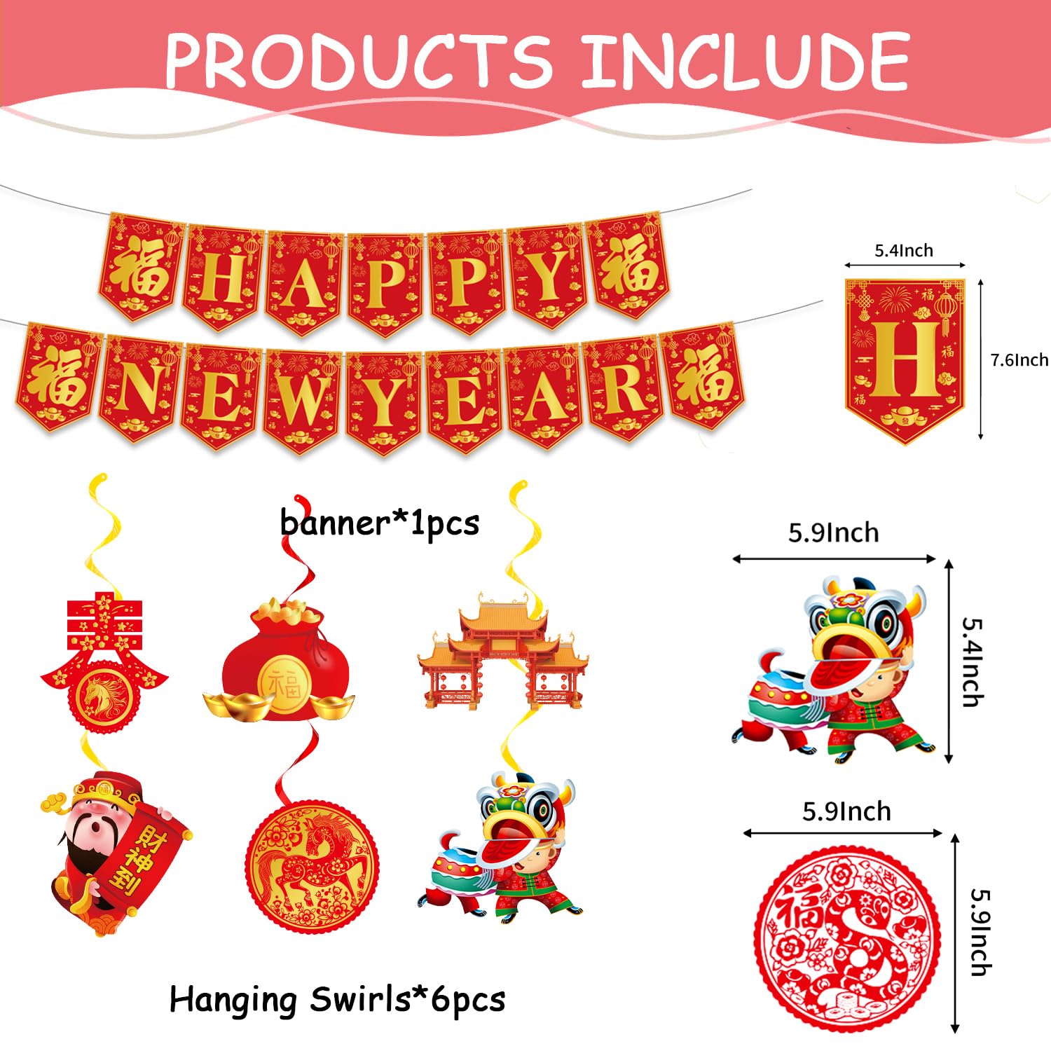 Chinese New Year Party Decorations,Include Lunar New Year Banner,Hanging Swirls,Background and Honeycomb Centerpieces for Spring Festival Celebrations Decorations.