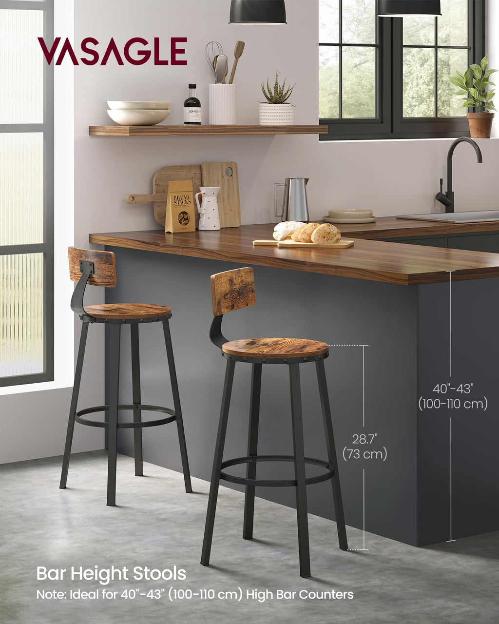 VASAGLE Bar Stools Set of 2, Bar Height Stools, 28.9 Inches Counter Barstools Chairs with Back for Dining Kitchen Island, Steel Frame, Industrial Style, Easy Assembly, Rustic Brown and Ink Black