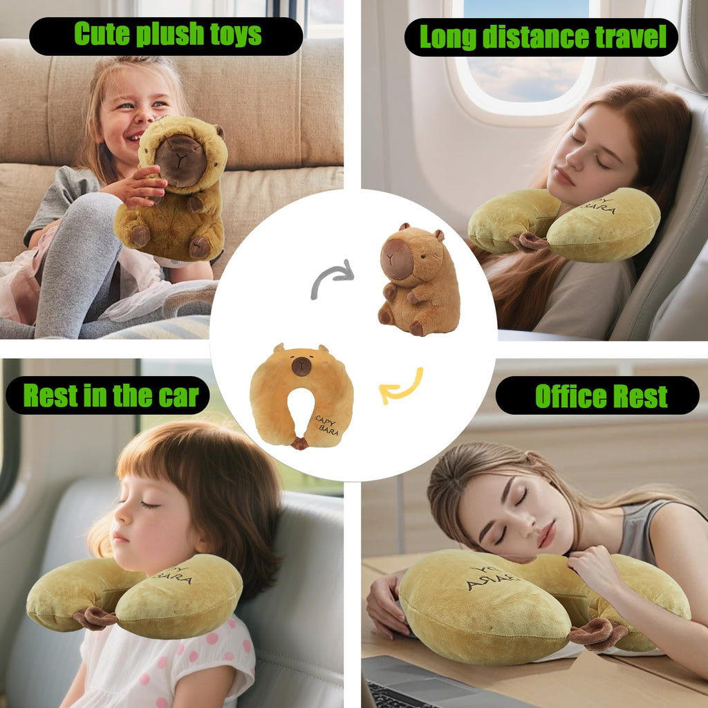hrabykt Capybara Travel Pillow for Kids & Adults Car Neck Pillow Memory Cotton U-Shaped Neck Pillow Soft Head Support Travel Accessories for Airplane Car Train Bus Airplane Pillow