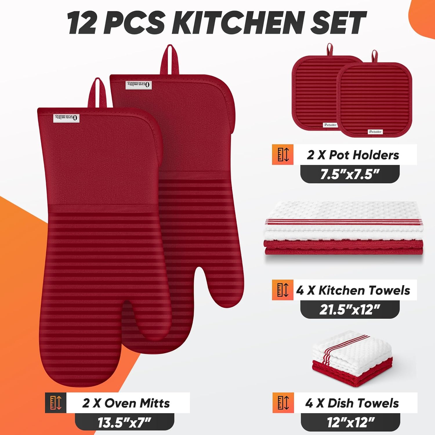 Skiennix Oven Mitts Set - 500°F Heat Resistant Gloves & Potholders with Silicone Grip | Red