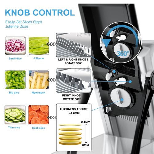 Safe Mandoline Slicer for Kitchen, 6 in 1 Vegetable Chopper, French Fry Cutter For Potatoes, Potato Slicer,Food Chopper,Adjustable Thickness 0.1-8 mm, With Peeler/Cleaning Brush (Black)
