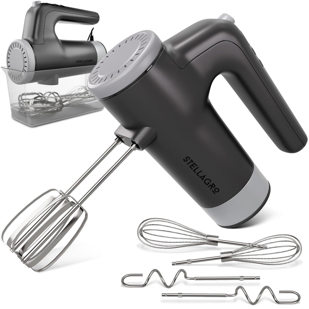 Stellagro Electric Hand Mixer 9 Speed with Stainless Steel Whisk, Flat Beater & Dough Hook, Snap Storage Case, Compact Lightweight 350 W Powerful handheld mixer for Baking & Cooking, Gray