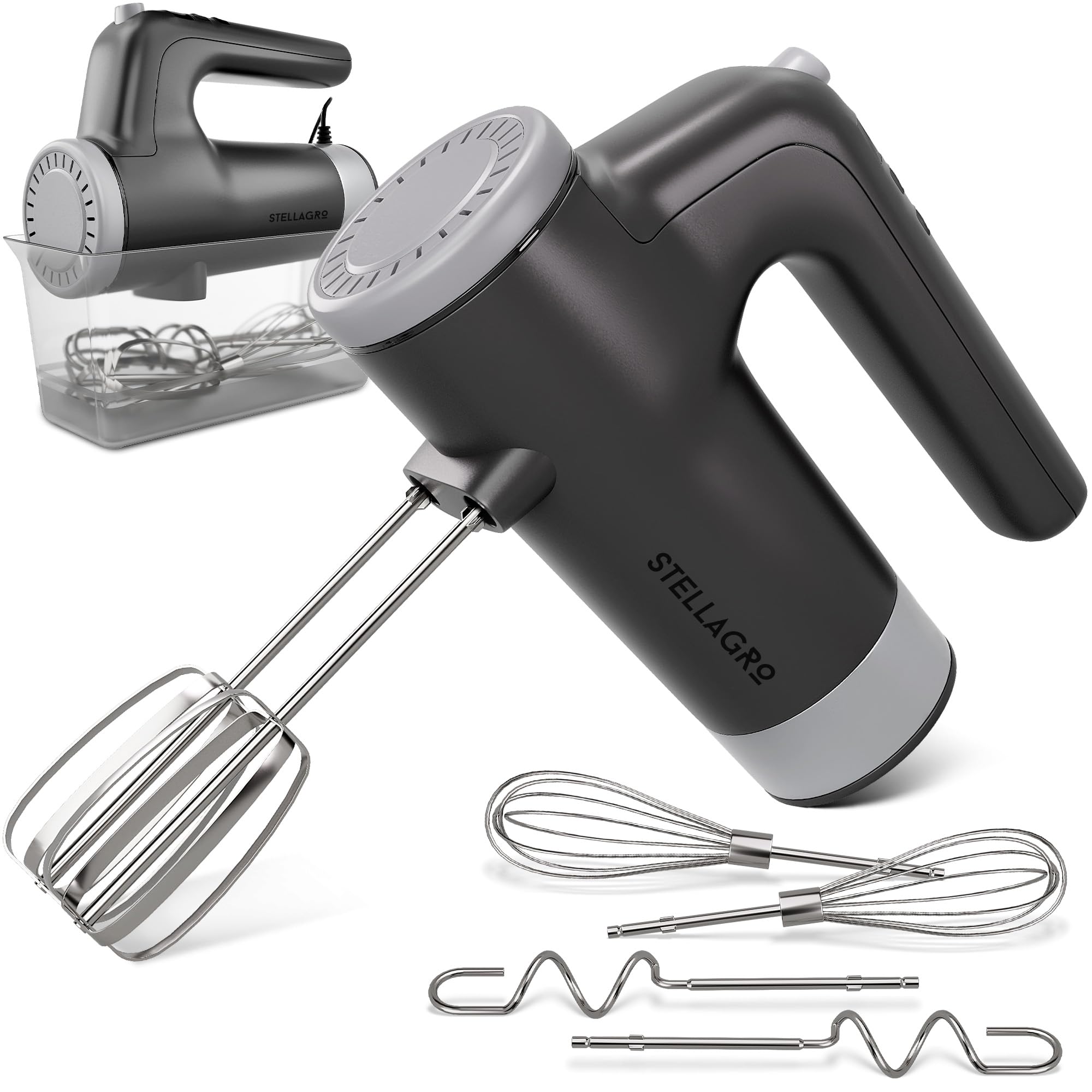 Stellagro Electric Hand Mixer 9 Speed with Stainless Steel Whisk, Flat Beater & Dough Hook, Snap Storage Case, Compact Lightweight 350 W Powerful handheld mixer for Baking & Cooking, Gray