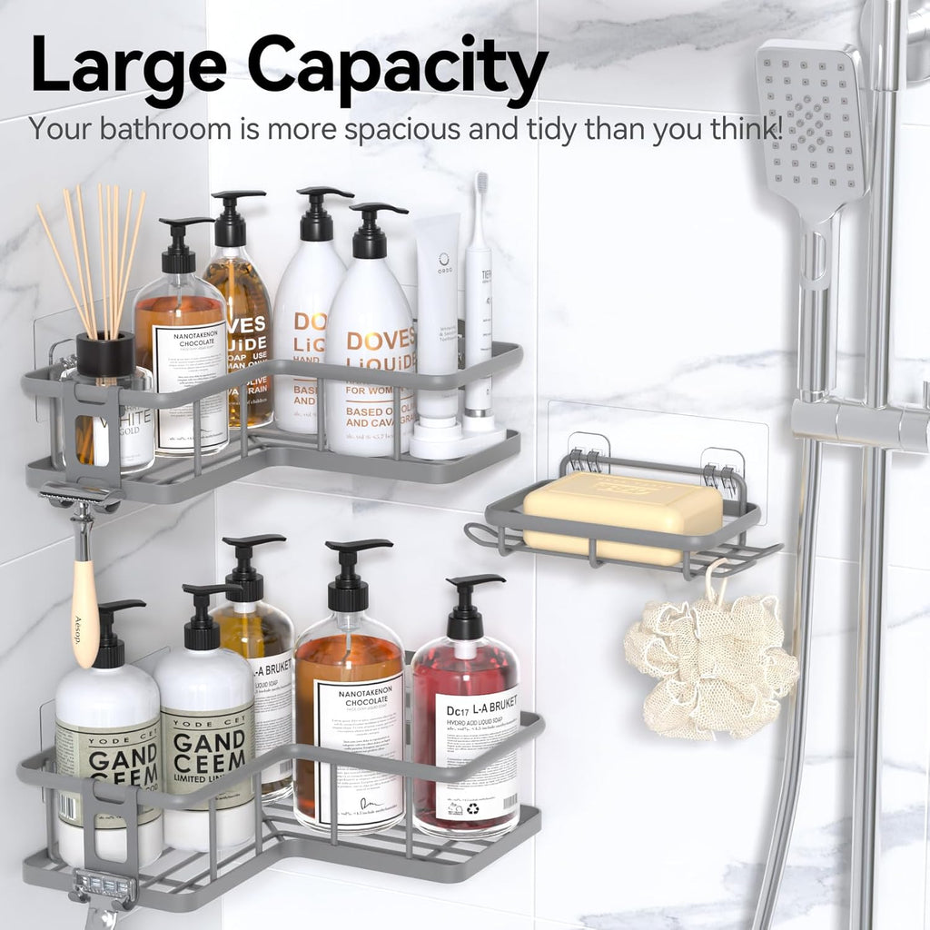 YASONIC Shower Caddy | 3-Pack Rustproof Stainless Steel Corner Shelves with Soap Holder - Grey