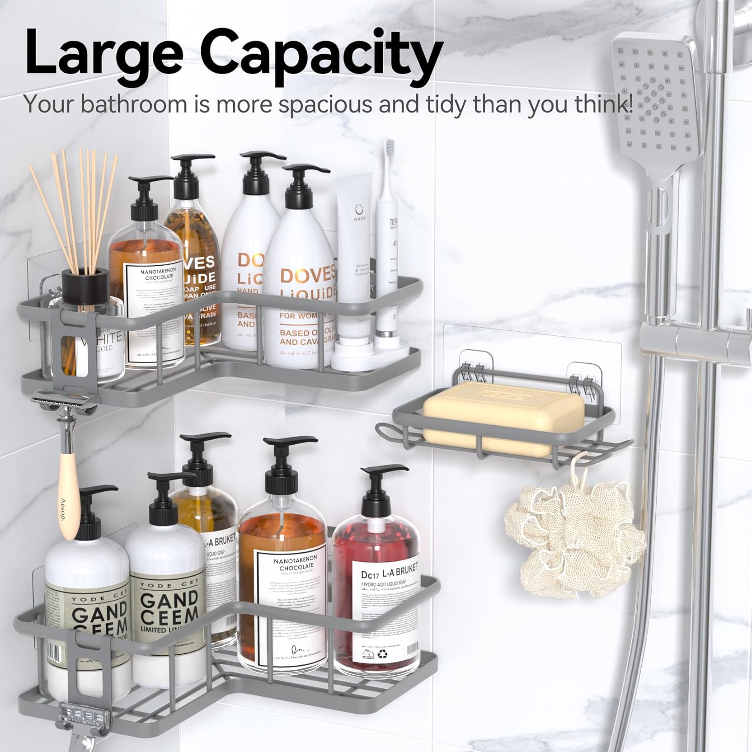 YASONIC Shower Caddy | 3-Pack Rustproof Stainless Steel Corner Shelves with Soap Holder - Grey