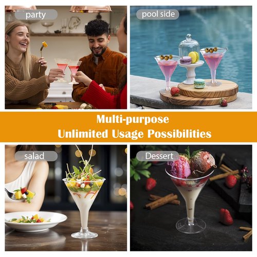 Plastic Martini Glasses Disposable 50 Pack, 6.32 oz Cocktail Cups Bulk for Parties, Poolside, Wedding, Drinking, Desserts, Appetizers, A Tini Bit Older Birthday, Outdoor - Clear with Detachable Stem