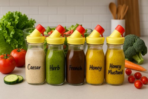 kitchentoolz Salad Dressing Shaker Bottle – 12oz Carafe Glass Bottle with Silicone Pour Spout and Tamper-Proof Lid for Sauces and Marinades - Salad Dressing Dispenser Container