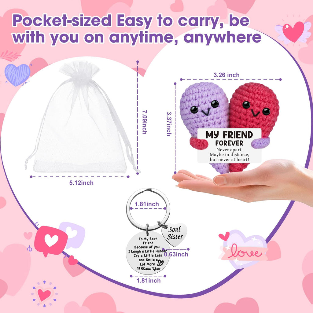 LemonRoad 4 Pack Valentines Galentines Day Friendship Gifts for Women 16 oz Glass Cup with Lid, Straw Brush, Heart Crochet and Keychain with Organza Bag Birthday Gift for Soul BFF Sister Bestie
