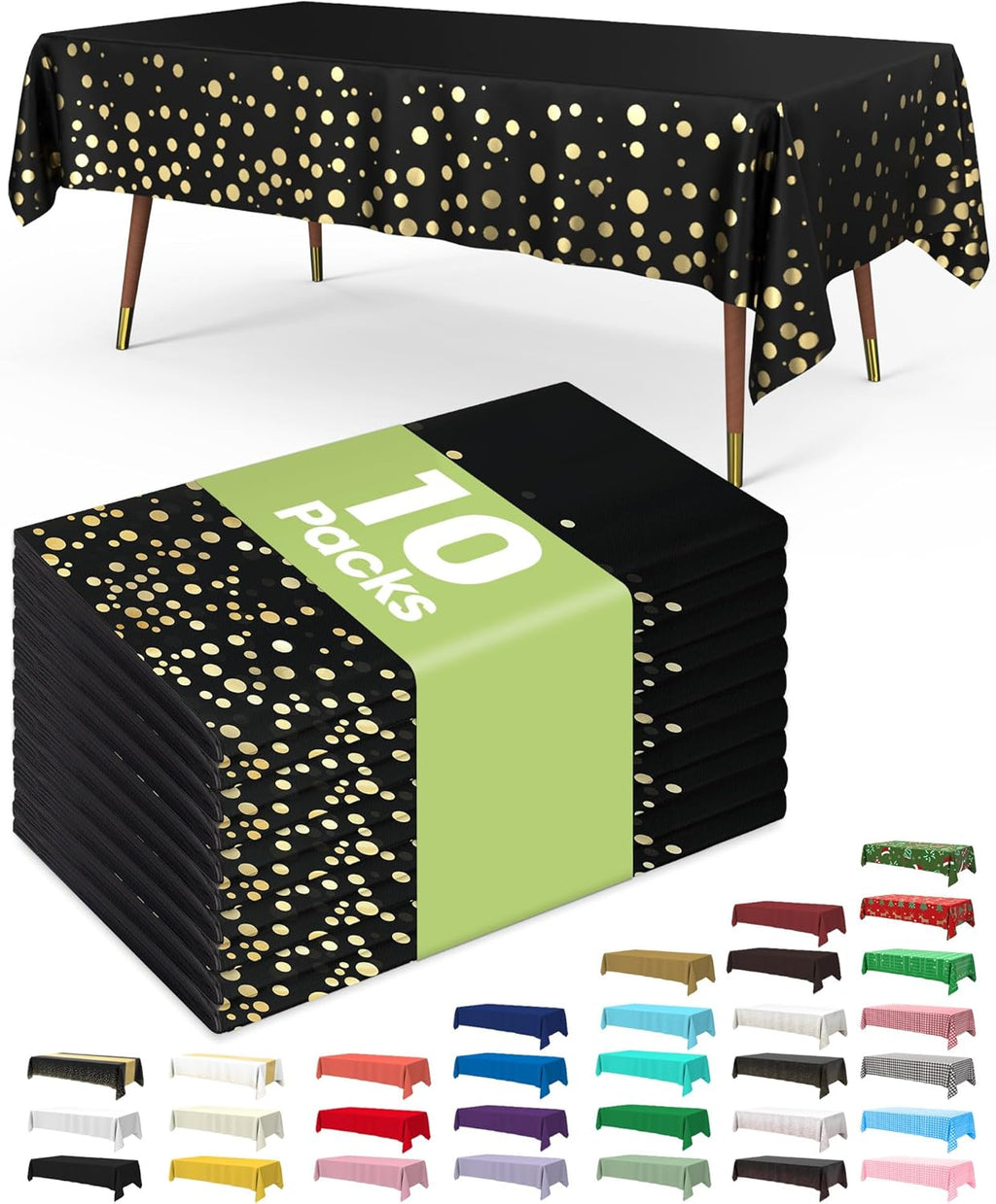 Pureegg Disposable Plastic Table Cloths - 10 Pack, 54 x 108 Inch, Sturdy Black & Gold Graduation Decor