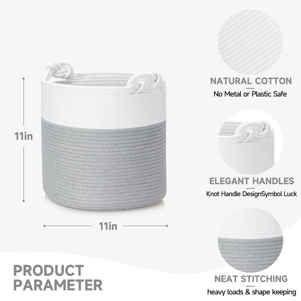 CLHMILY&Z 3 Pack Round Woven Cotton Storage Bins 11x11x11 Inch Collapsible Organizer Baskets for Cube Shelves Kids Room Closet and Home Decor Soft Durable Washable, grey