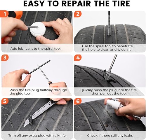 ETENWOLF Tire Repair Kit - 16-Piece Heavy Duty Plug Set for Cars, Motorcycles, ATVs, Trucks | Vivid Orange