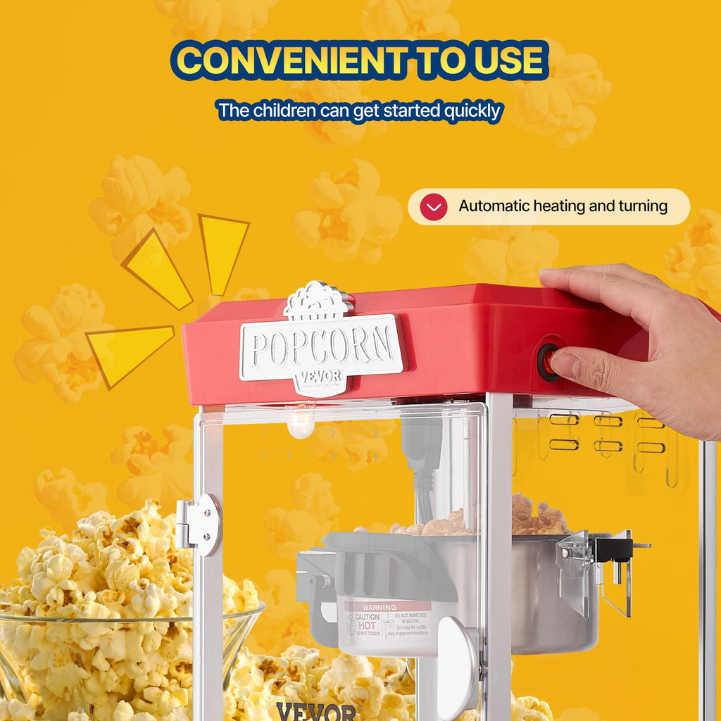 VEVOR Popcorn Maker, 480W Popcorn Popper Machine, 4 Oz Kettle Makes 1.5 Gallon per Batch, Tabletop Popcorn Maker, Includes 3 Scoops, Movie Theater Style, Red