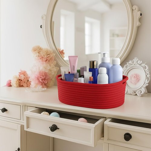 ShellKingdom Storage Basket with Handles, Empty Gift Basket with Gift Bags and Ribbon, Small Woven Baskets for Home, Nursery Storage Organizer, 12 X 8 X 5 INCH, Valentine's Red