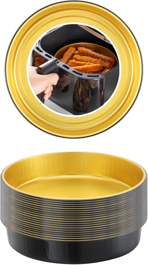 Air Fryer Foil Liners - 20 Pack of 7-Inch Round Disposable Aluminum Pans | High-Heat Safe, Food-Grade Black & Gold