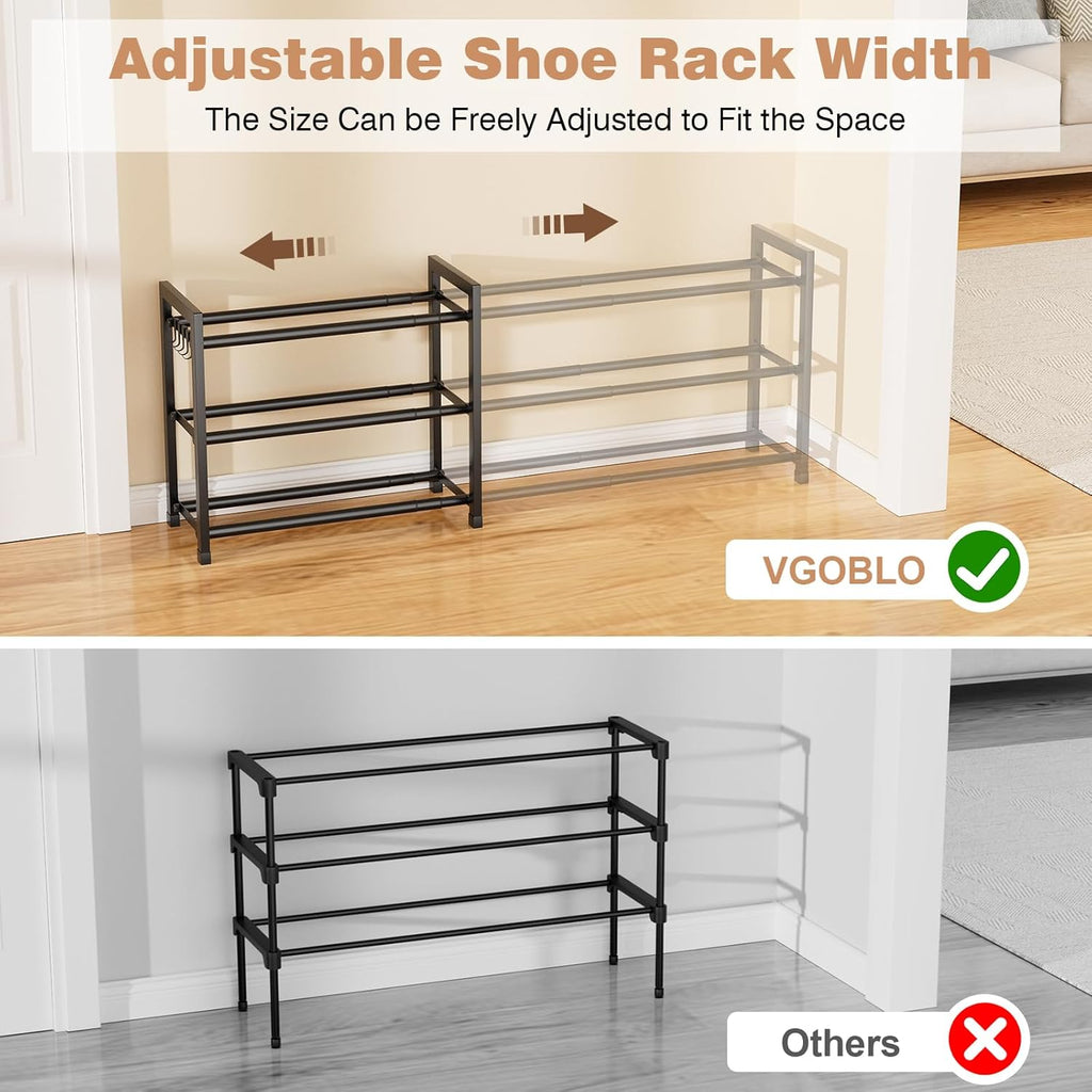Skiennix Expandable Shoe Rack - Adjustable 3-Tier Organizer for 18 Pairs | Sturdy Metal Storage in Black