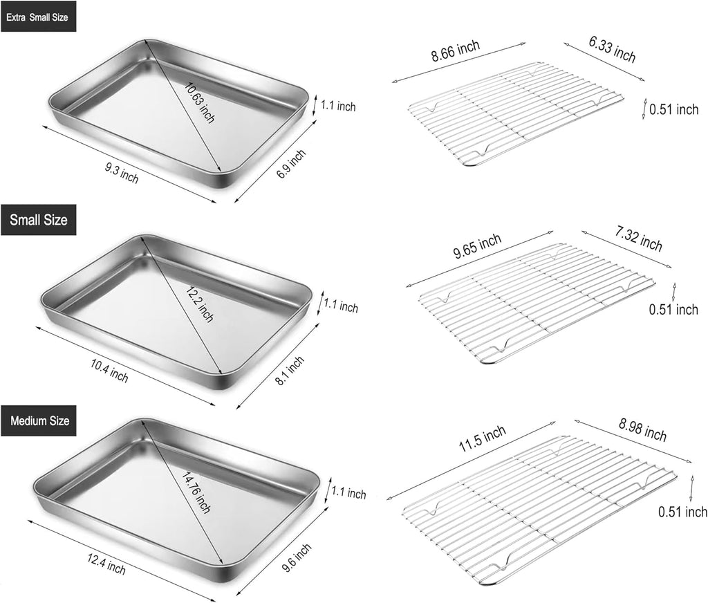 Skiennix Extra Small Serving Trays Set - Stainless Steel 304 Baking Sheet Pans with Cooling Racks | 9.3 x 6.9 Inch, Dishwasher Safe for 1-2 Persons