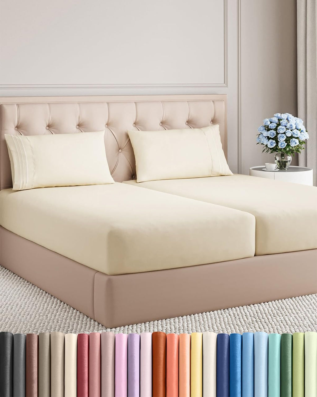 Skiennix Split King Size 5-Piece Sheet Set - Comfy Cooling Bed Sheets - Luxury Hotel Quality - Deep Pockets, Soft, Wrinkle-Free - Off White