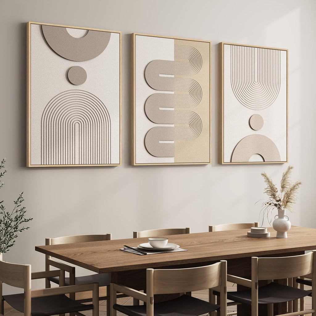 Skiennix Large 3D Textured Framed Boho Wall Art - Modern Beige & White Abstract Paintings | 24x36 In, 3 Piece Set