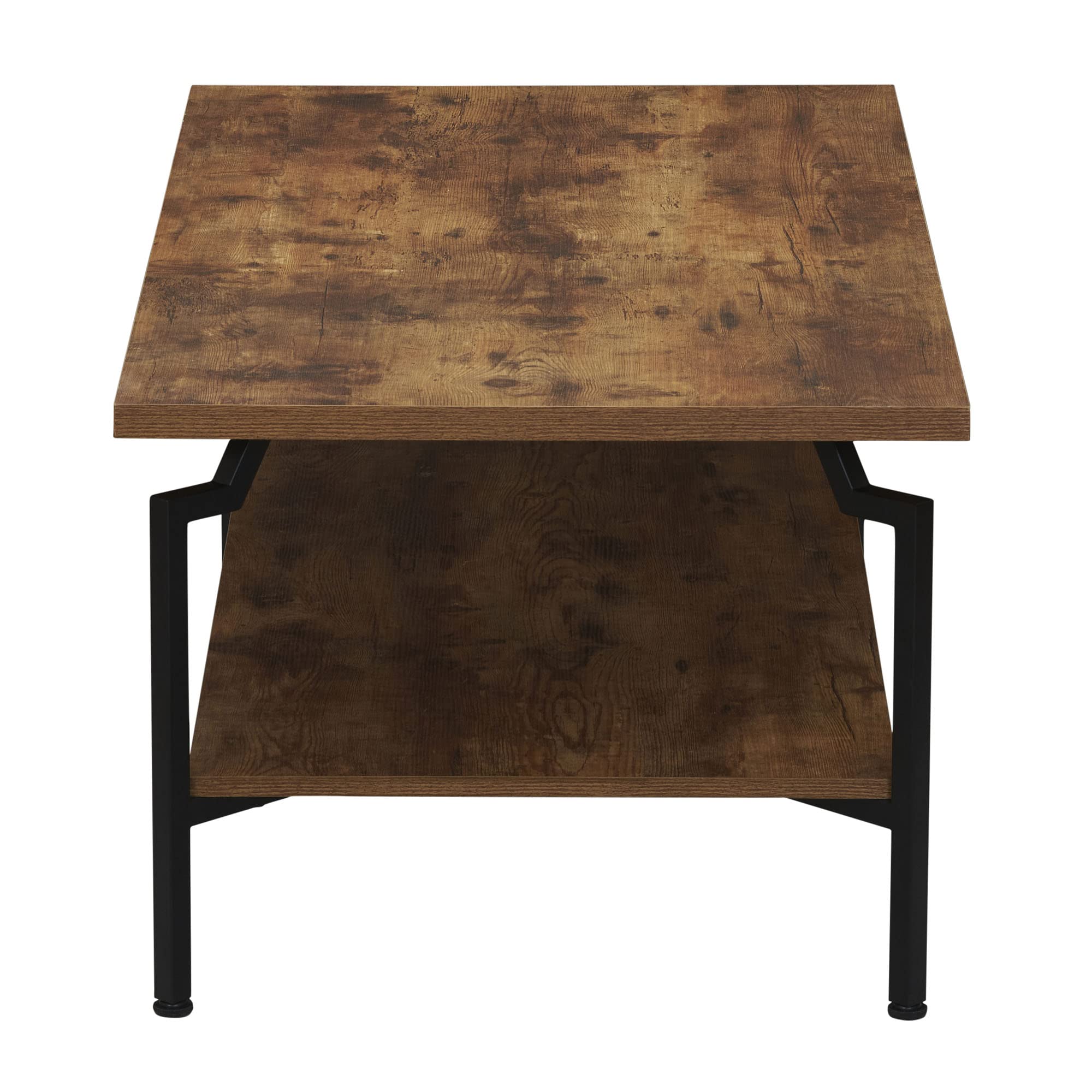 Household Essentials Crown Rectangular Coffee Table with Storage Shelf Rustic Hickory Wood Grain and Black Metal