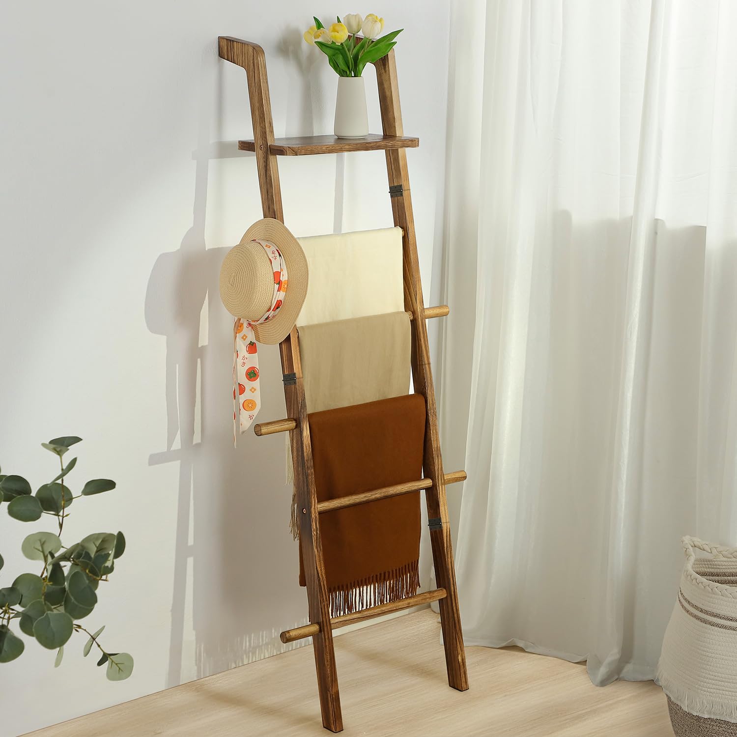 Taozun 67-Inch Wooden Blanket Ladder with Shelf for Living Room - 5-Tier Farmhouse Towels and Quilt Rack Decor - Leaning Wall Display Holder for Blankets and Throws