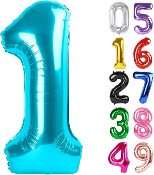 Light Blue Number 1 Balloon - 40 Inch Shiny First Birthday Decoration for Baby Boy/Girl