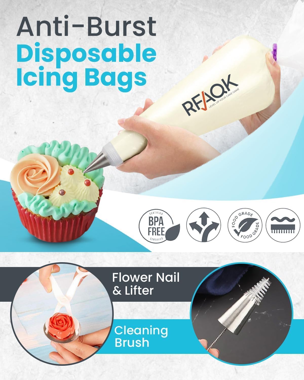 RFAQK 74-Piece Cake Decorating Kit - Icing Piping Bags & 48 Numbered Tips, Anti-Burst Design, Includes Booklet & E-Book