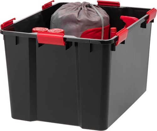 IRIS USA WeatherPro 74 Qt Storage Bins - BPA-Free Plastic with Tight Seal & Latch | 4 Pack - Black/Red