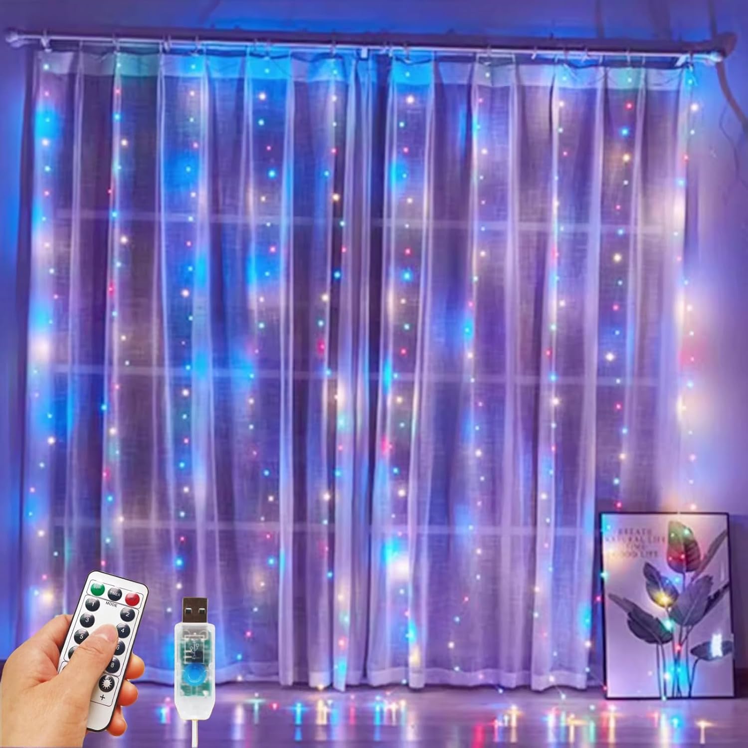 Skiennix 300 LED Fairy Curtain Lights - 9.8 x 9.8FT Warm White USB String Lights with Remote | 8 Modes for Christmas, Weddings, Parties, Indoor & Outdoor Use