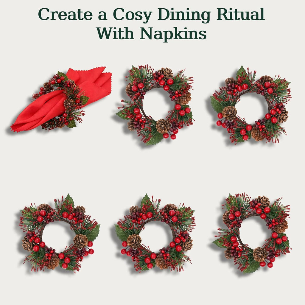 Regine Switzerland Candle Rings Set of 6 - Festive Christmas Wreaths with Red Berries & Pinecones